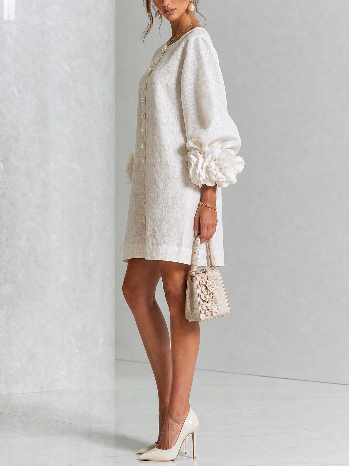 Chiara | Mini Dress in Linen Blend with Rose Cuffs, White