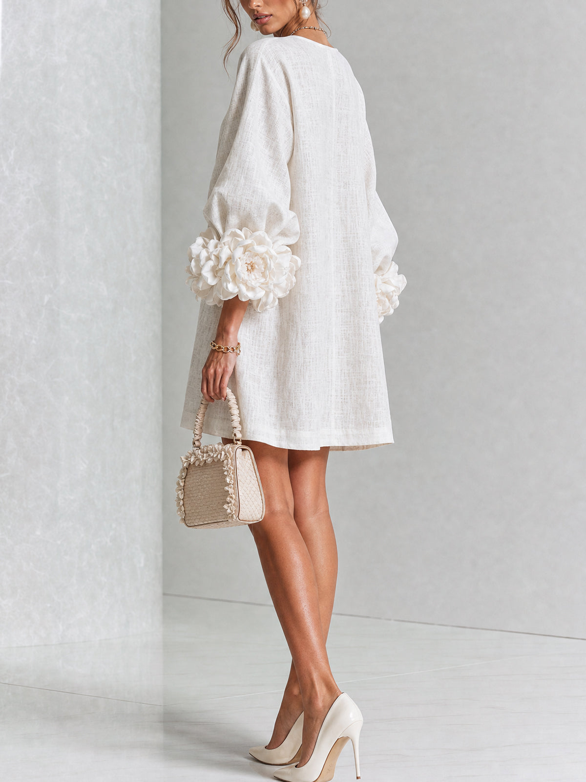 Chiara | Mini Dress in Linen Blend with Rose Cuffs, White
