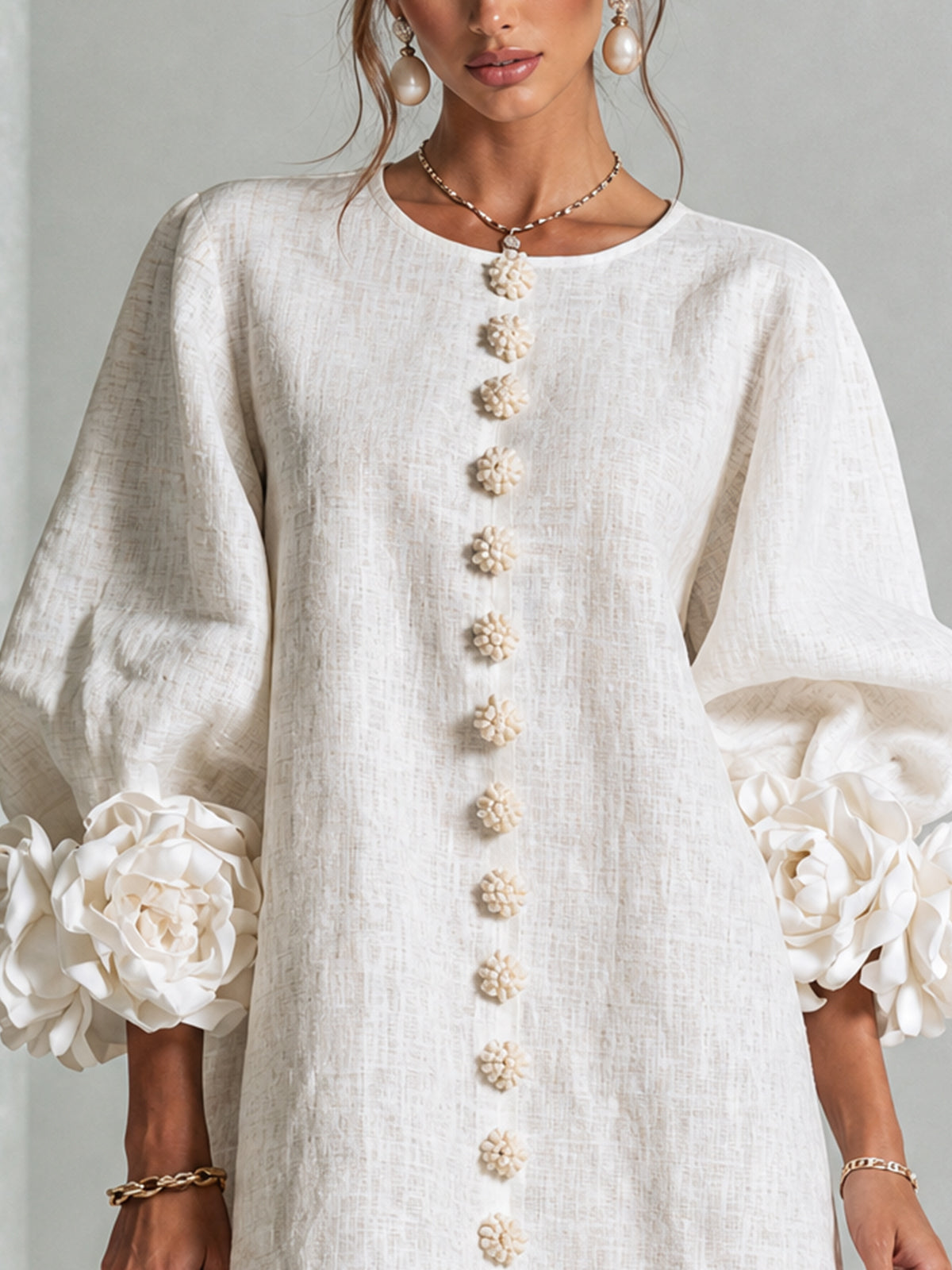 Chiara | Mini Dress in Linen Blend with Rose Cuffs, White