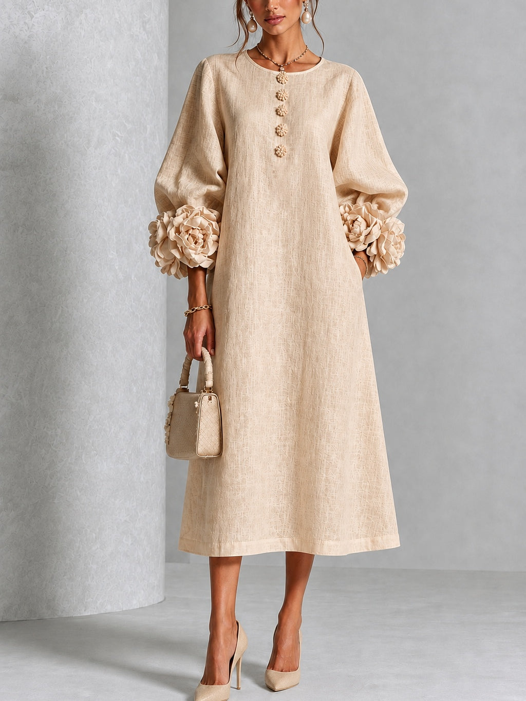 Carlotta | Midi Dress in Linen Blend with Rose Cuffs, Beige