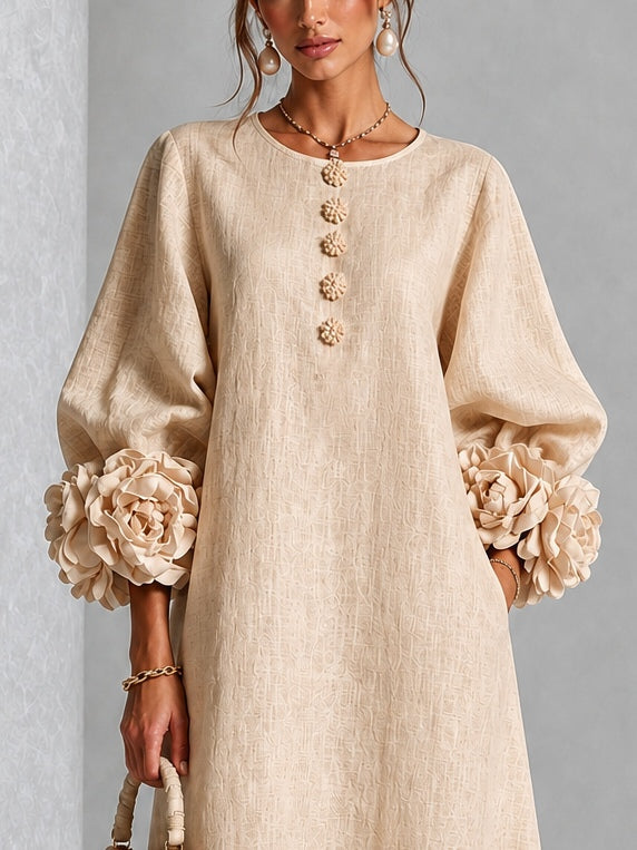 Carlotta | Midi Dress in Linen Blend with Rose Cuffs, Beige