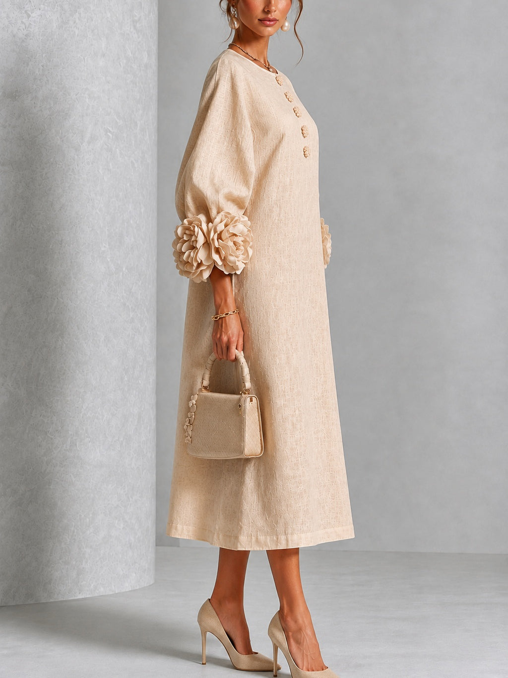 Carlotta | Midi Dress in Linen Blend with Rose Cuffs, Beige