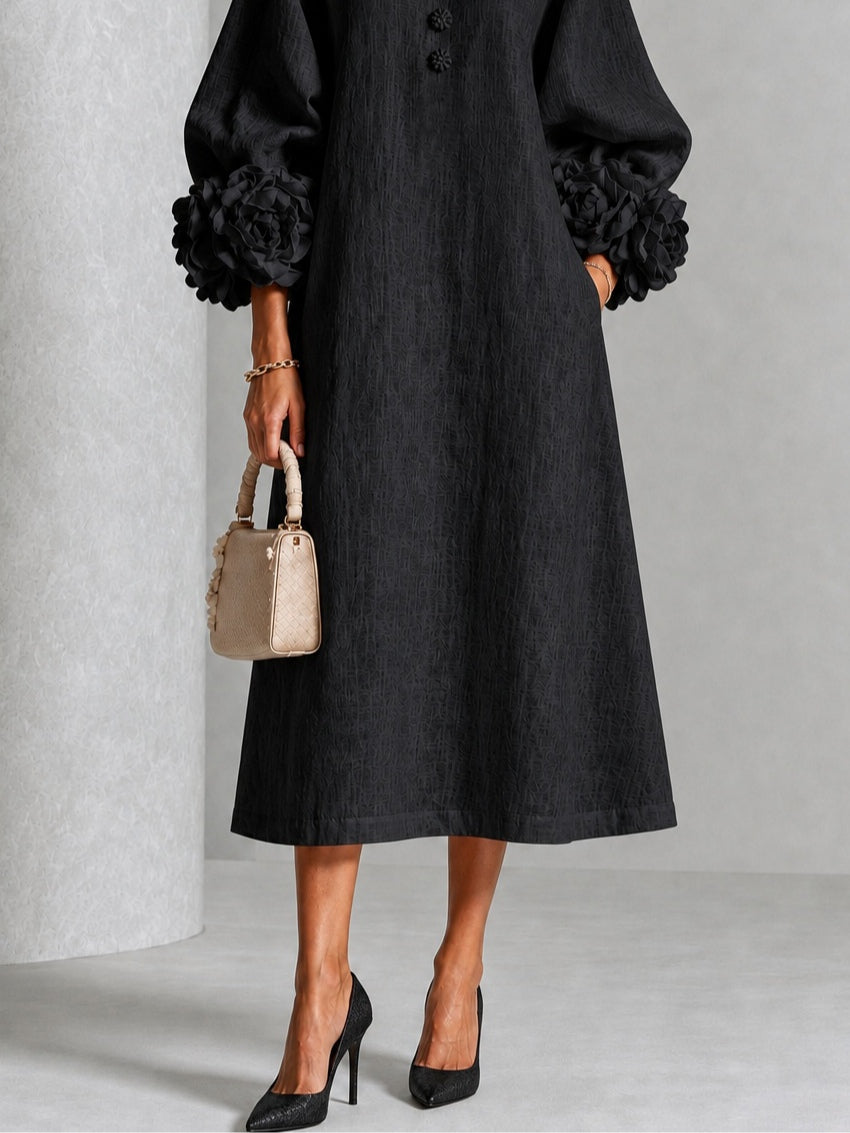 Diana | Midi Dress in Linen Blend with Rose Cuffs, Black