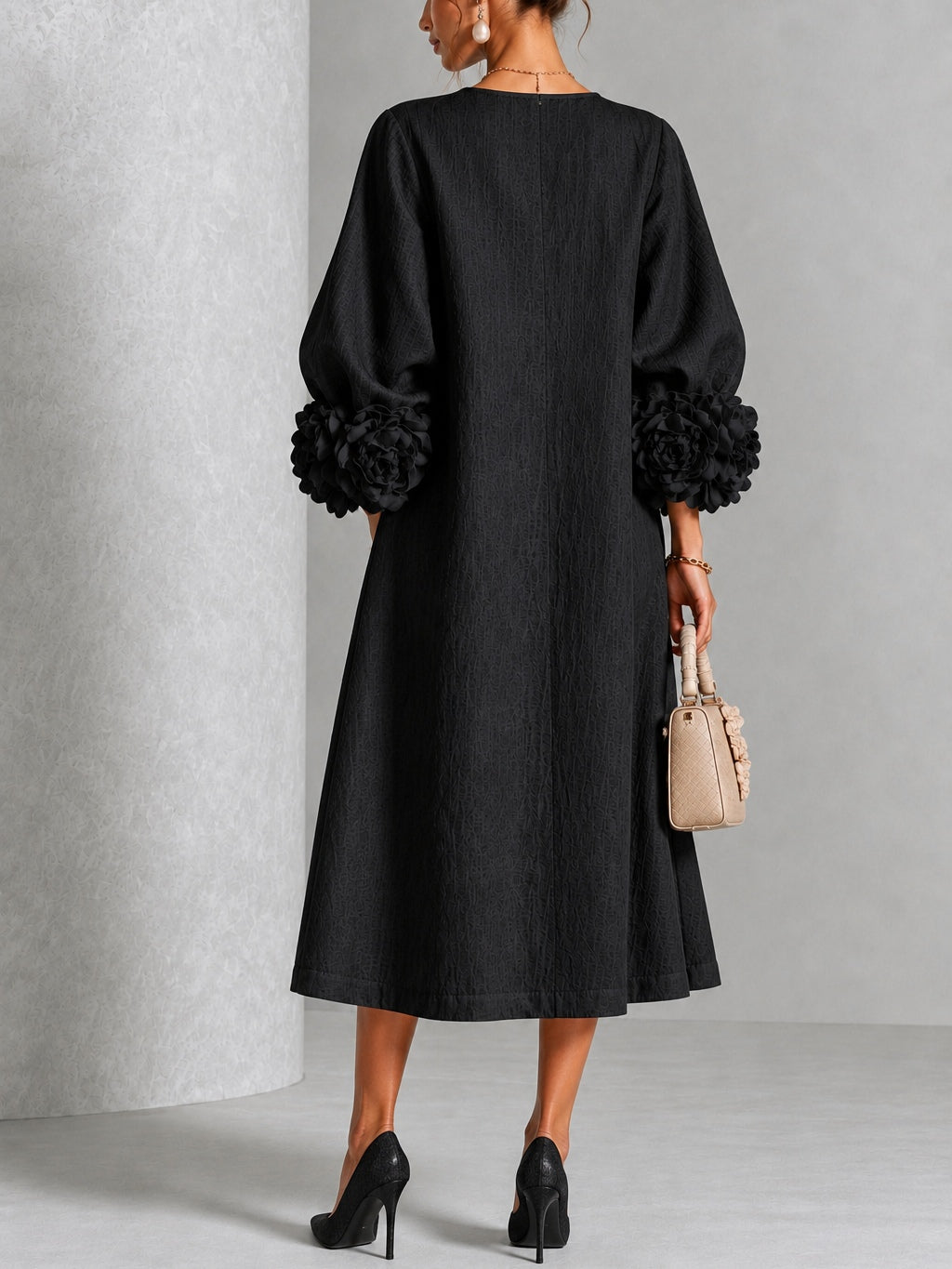 Diana | Midi Dress in Linen Blend with Rose Cuffs, Black