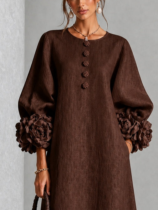 Viola | Midi Dress in Linen Blend with Rose Cuffs, Chocolate Brown