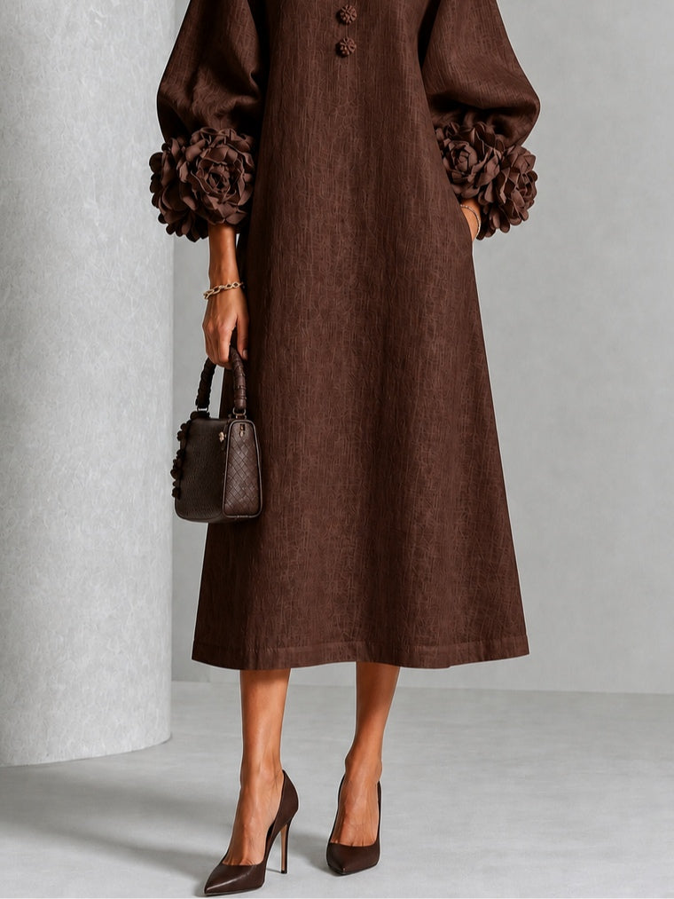Viola | Midi Dress in Linen Blend with Rose Cuffs, Chocolate Brown