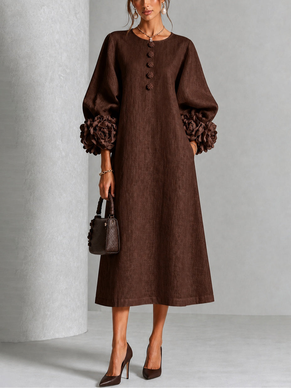 Viola | Midi Dress in Linen Blend with Rose Cuffs, Chocolate Brown