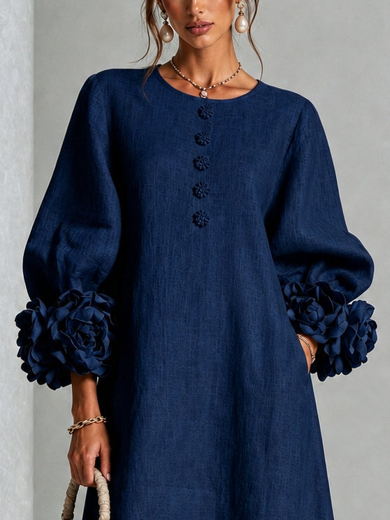 Eleonora | Midi Dress in Linen Blend with Rose Cuffs, Navy Blue