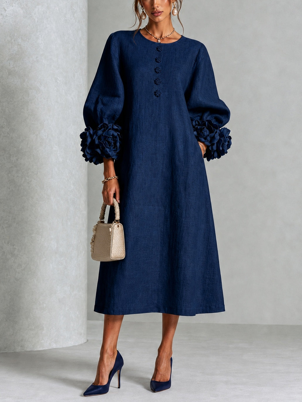 Eleonora | Midi Dress in Linen Blend with Rose Cuffs, Navy Blue