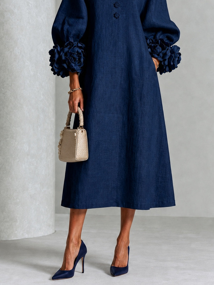 Eleonora | Midi Dress in Linen Blend with Rose Cuffs, Navy Blue