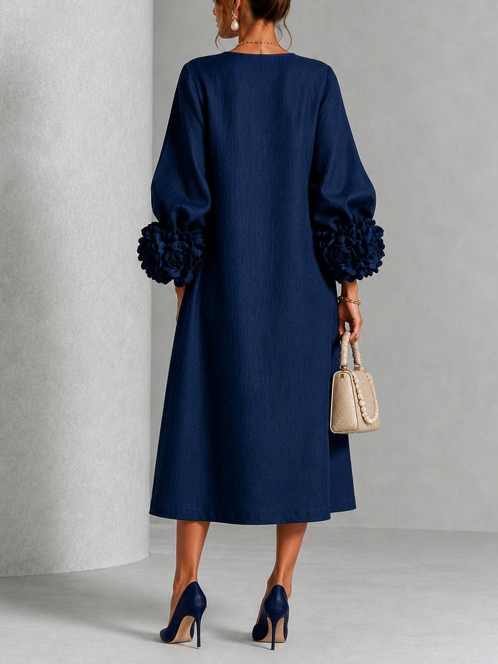 Eleonora | Midi Dress in Linen Blend with Rose Cuffs, Navy Blue