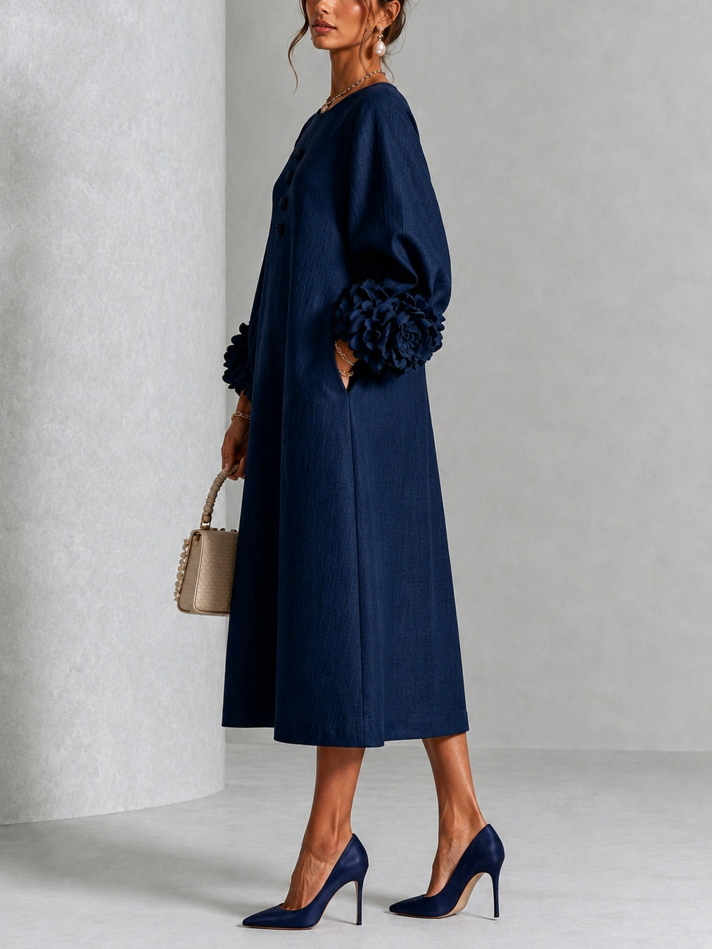 Eleonora | Midi Dress in Linen Blend with Rose Cuffs, Navy Blue
