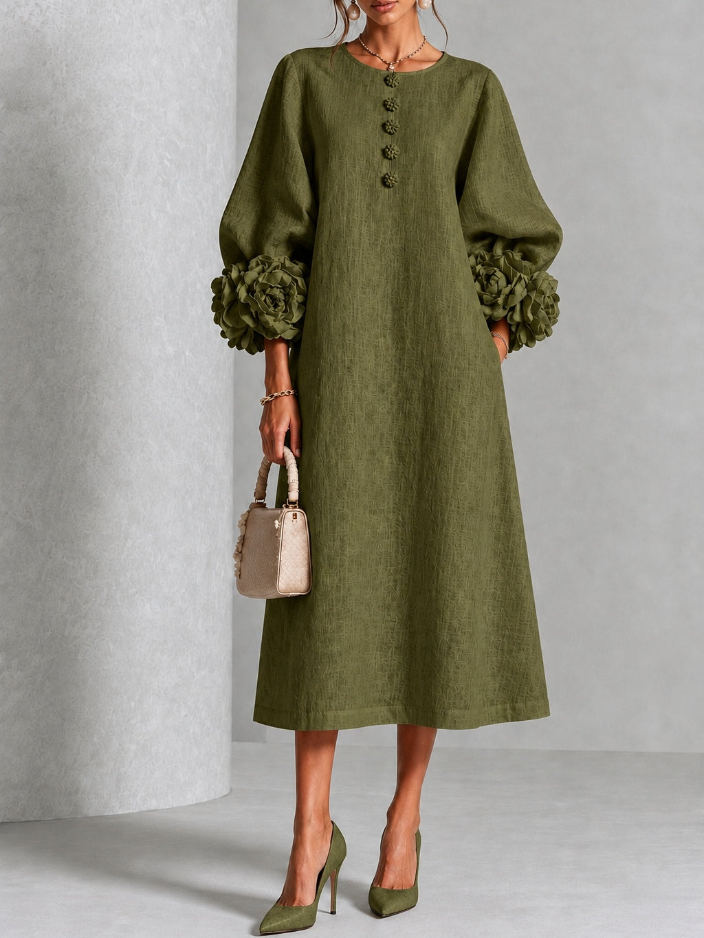 Flavia | Midi Dress in Linen Blend with Rose Cuffs, Olive Green