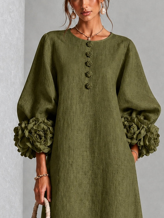 Flavia | Midi Dress in Linen Blend with Rose Cuffs, Olive Green