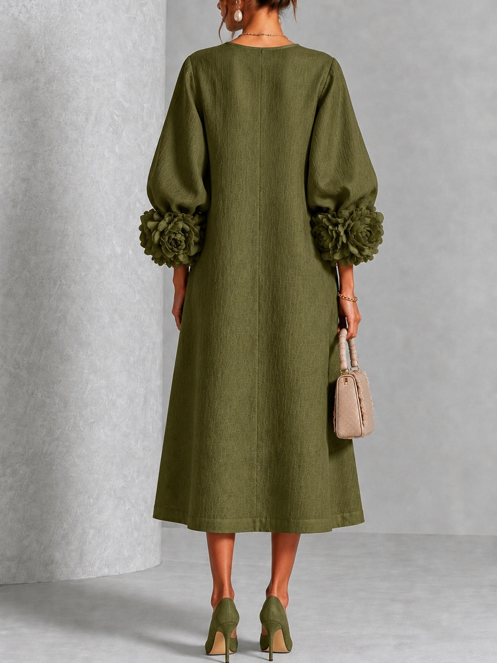Flavia | Midi Dress in Linen Blend with Rose Cuffs, Olive Green