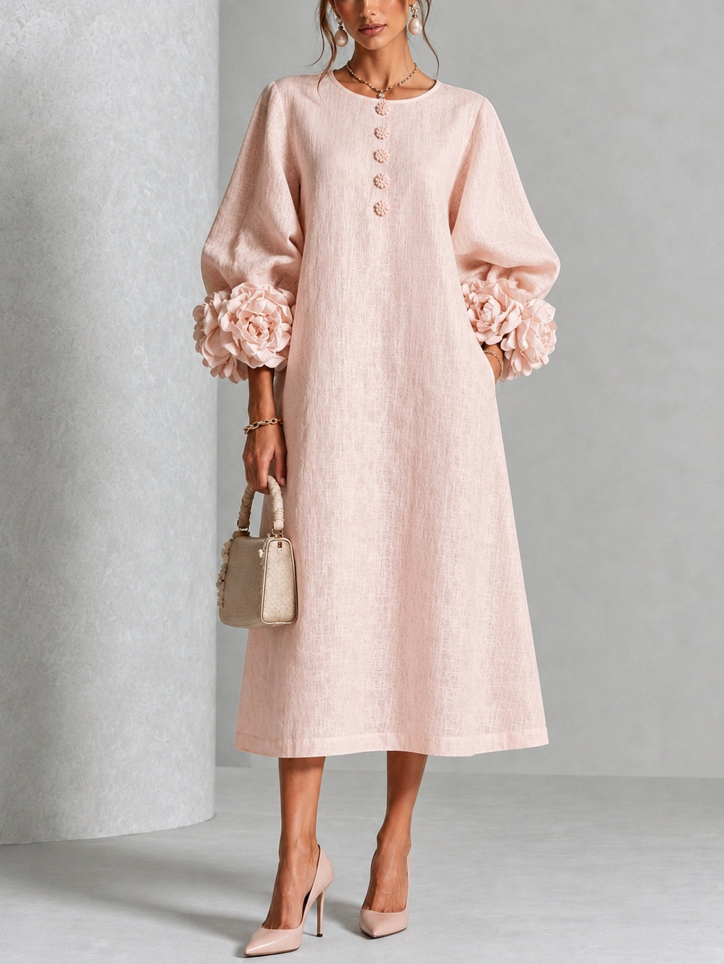 Adele | Midi Dress in Linen Blend with Rose Cuffs, Pink