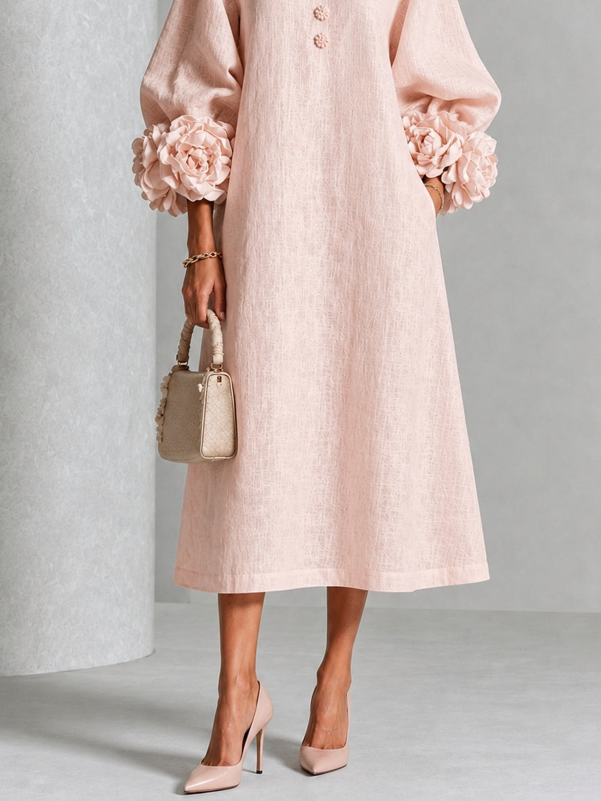 Adele | Midi Dress in Linen Blend with Rose Cuffs, Pink