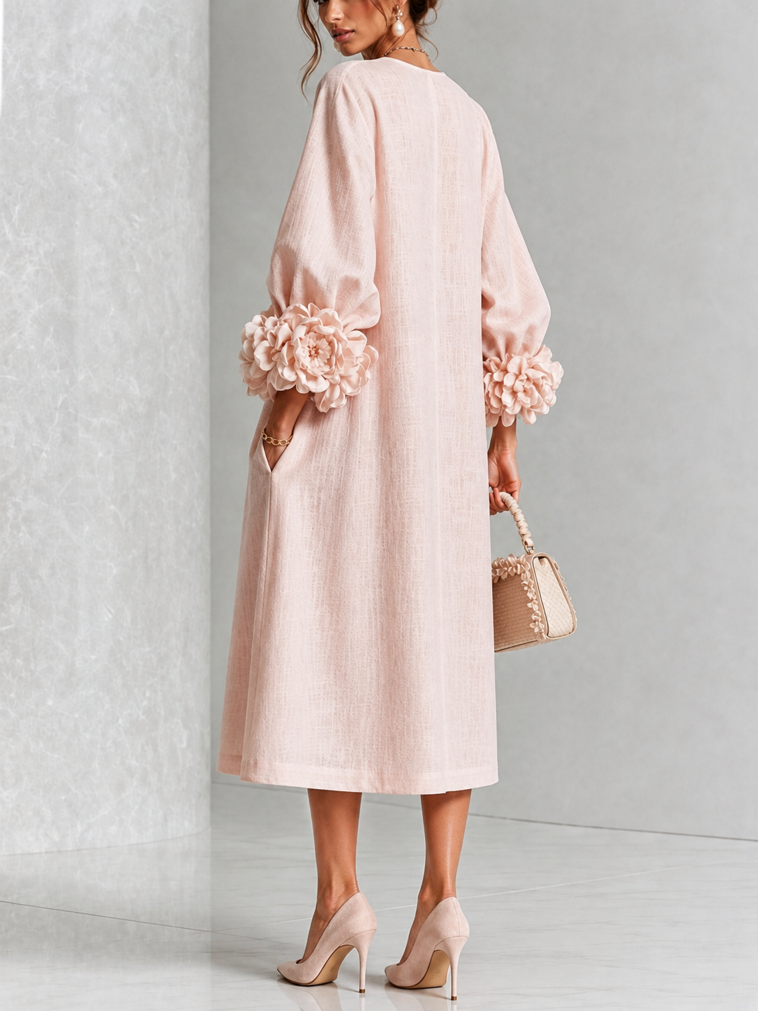 Adele | Midi Dress in Linen Blend with Rose Cuffs, Pink