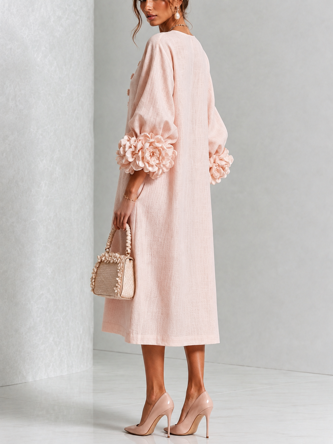 Adele | Midi Dress in Linen Blend with Rose Cuffs, Pink