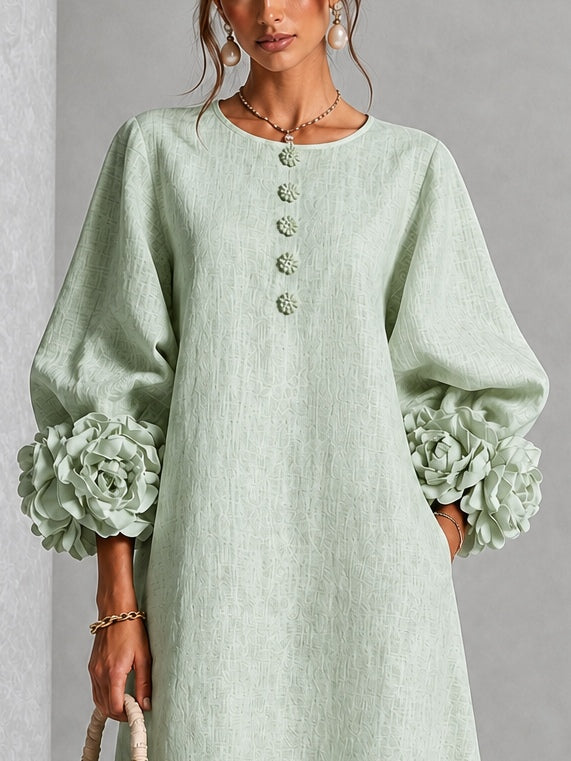 Greta | Midi Dress in Linen Blend with Rose Cuffs, Sage Green
