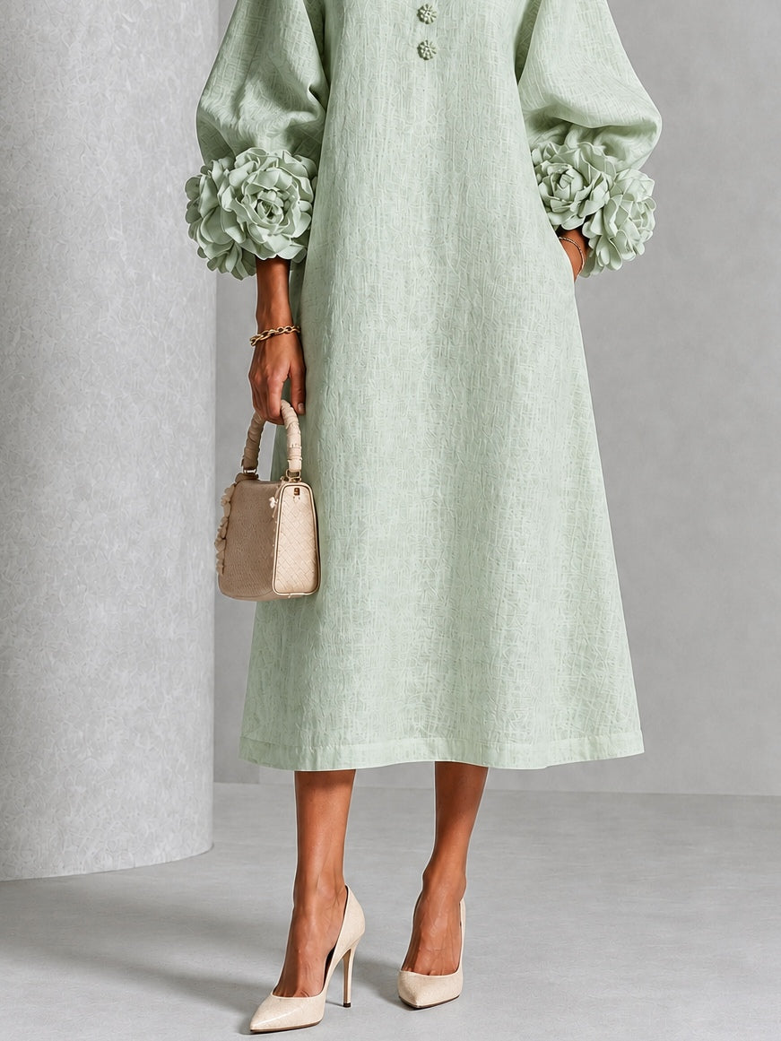 Greta | Midi Dress in Linen Blend with Rose Cuffs, Sage Green