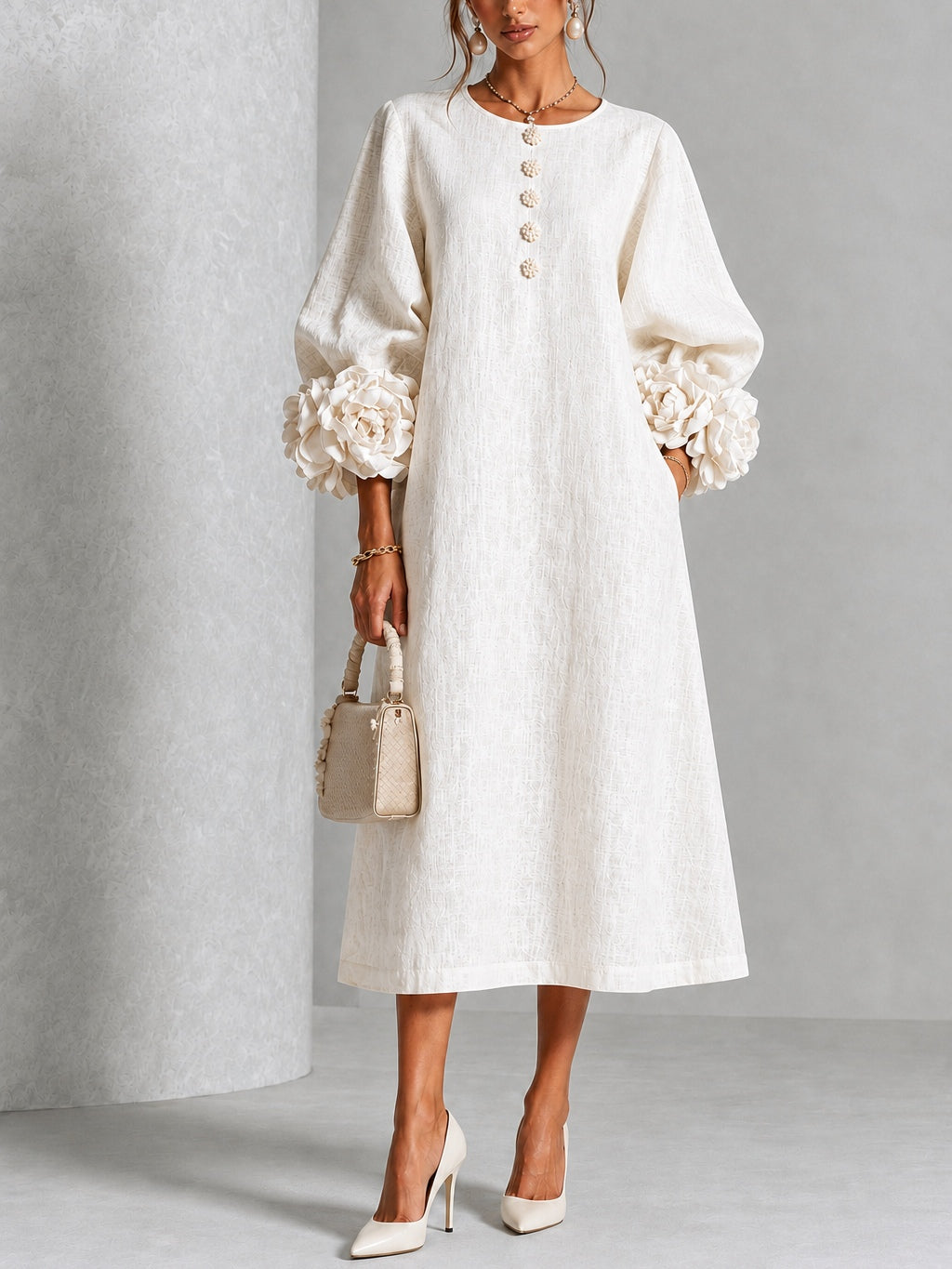 Ludovica | Midi Dress in Linen Blend with Rose Cuffs, White