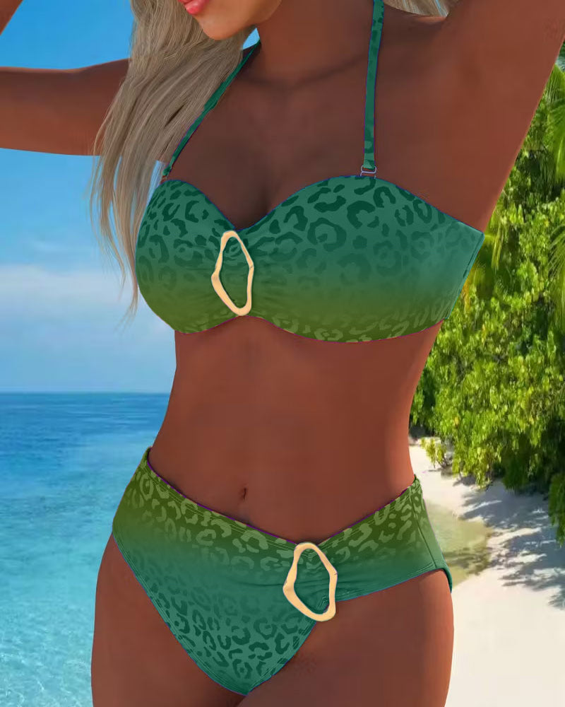 Halter Neck Leopard Print Gradient Swimsuit