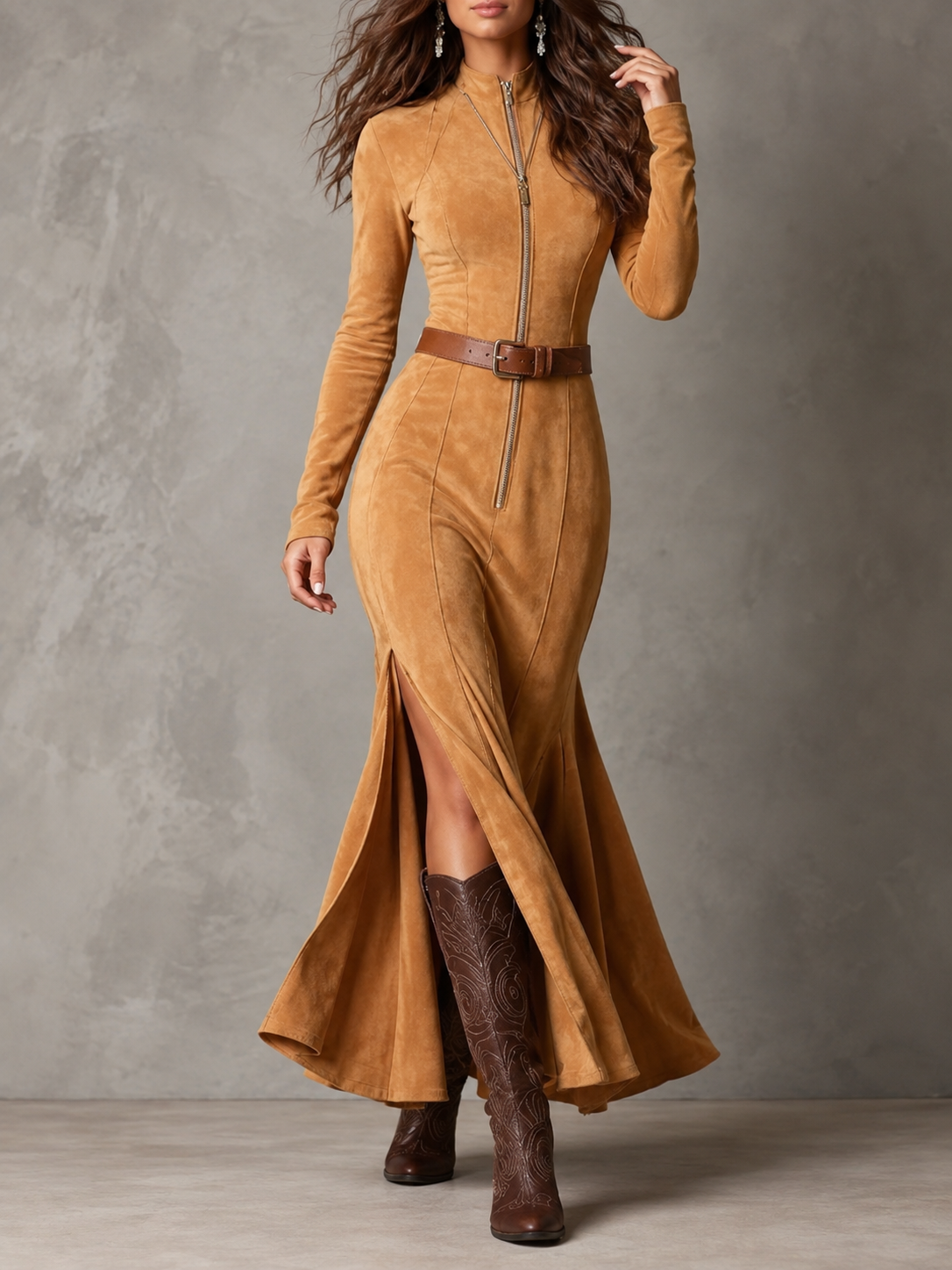 Nancy™ | Suede-Look Maxi Dress with Belt