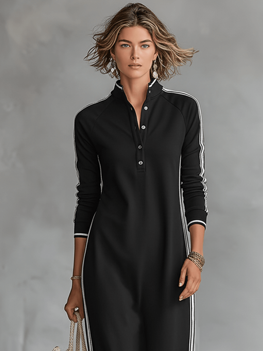 Sweatshirt Dress with Button Closure and Collar Maxi Dress