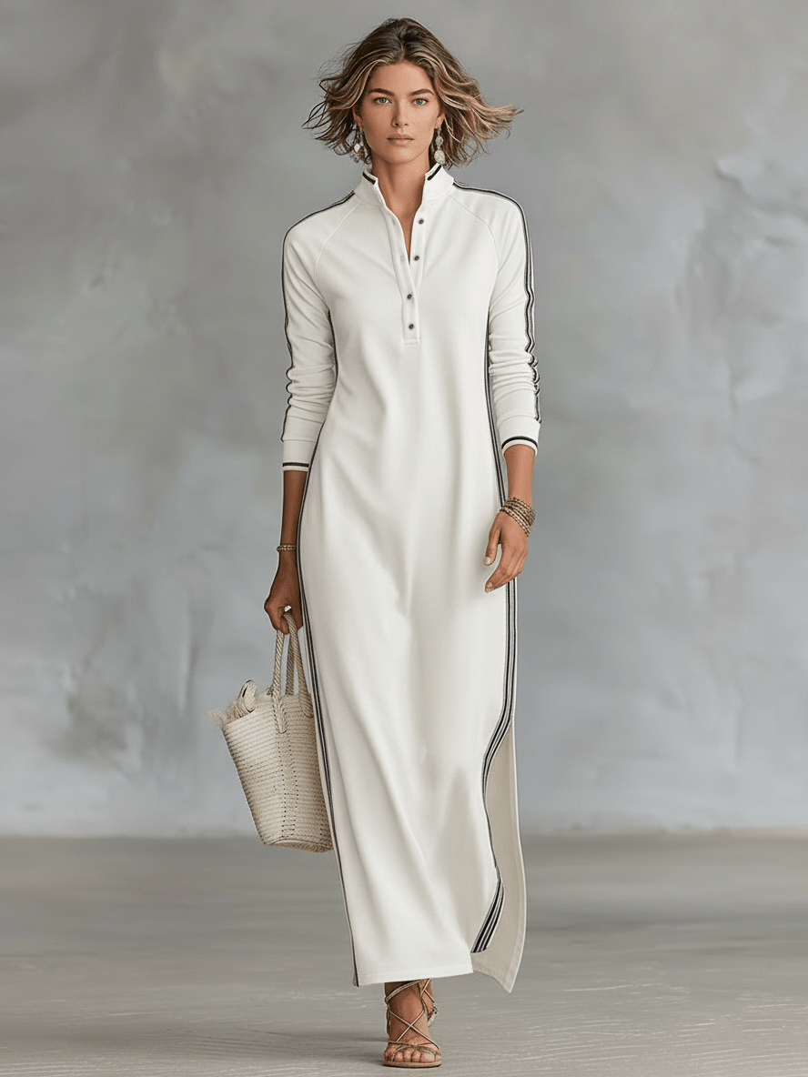 Sweatshirt Dress with Button Closure and Collar Maxi Dress