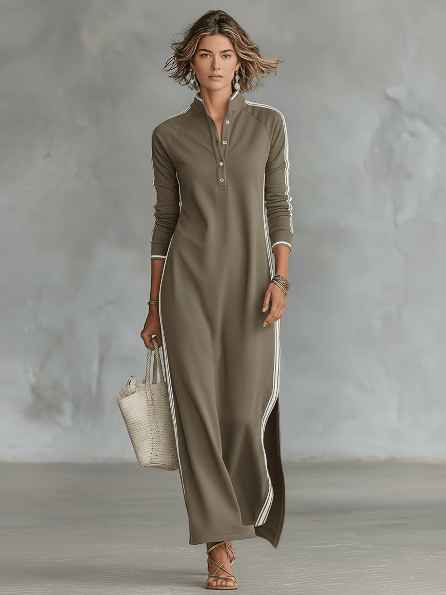 Sweatshirt Dress with Button Closure and Collar Maxi Dress