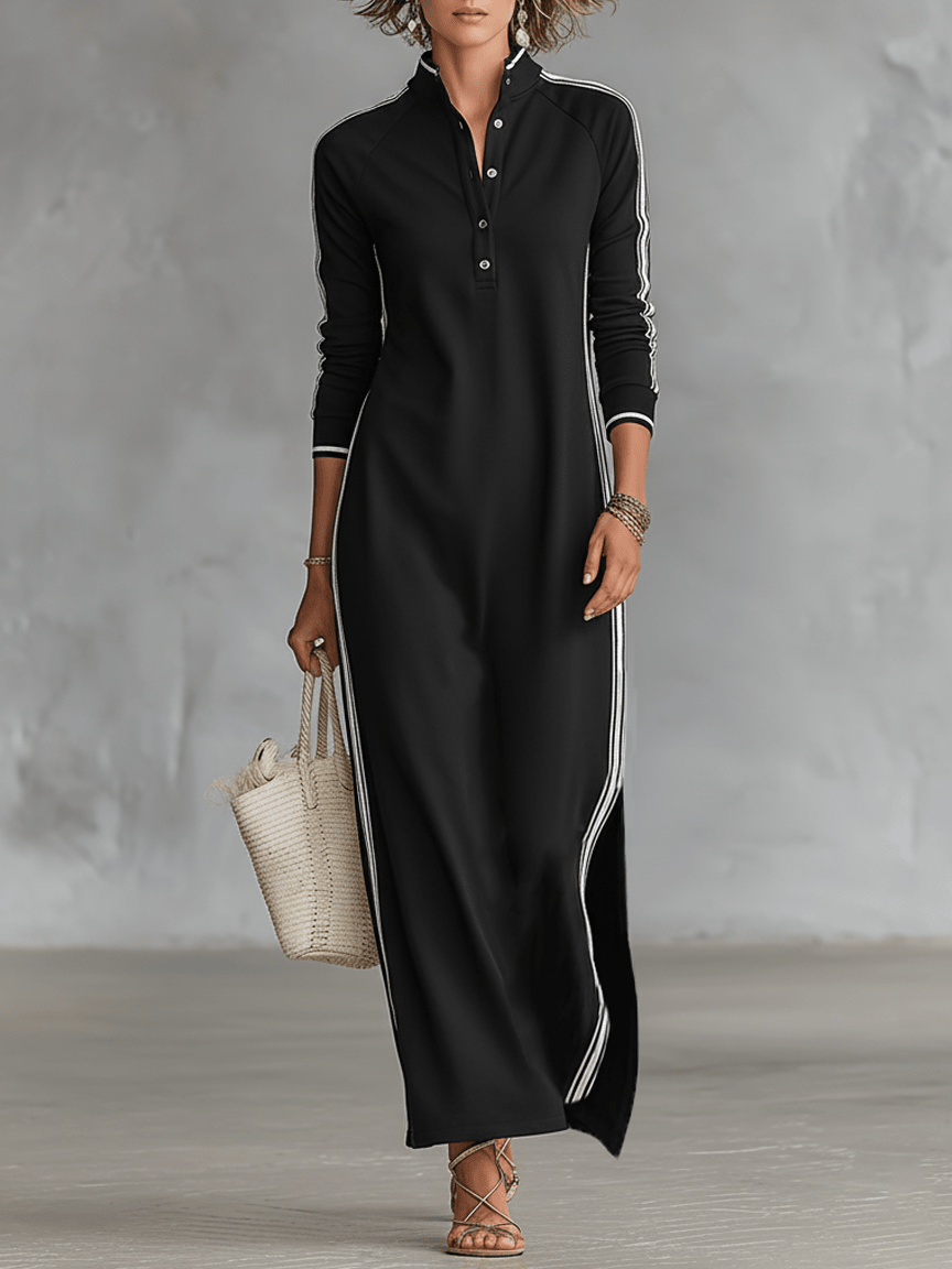 Sweatshirt Dress with Button Closure and Collar Maxi Dress