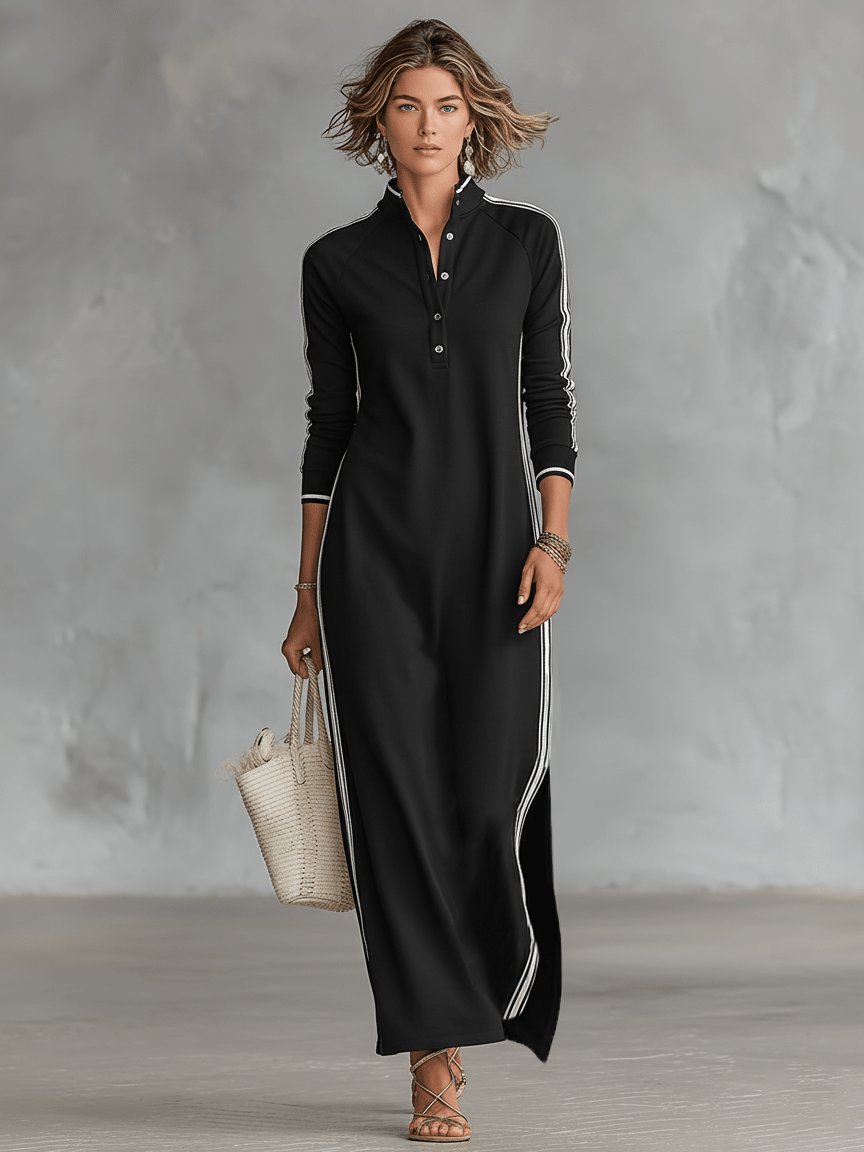 Sweatshirt Dress with Button Closure and Collar Maxi Dress