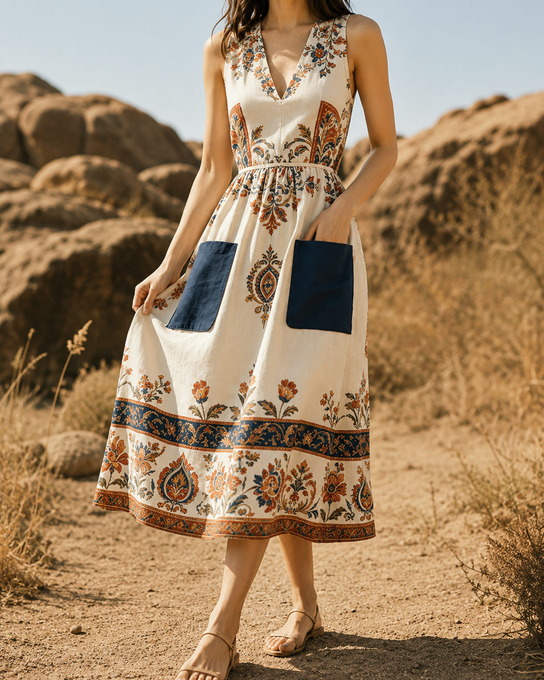 Paisley™ | Vintage Patchwork Tummy-Flattering Midi Dress