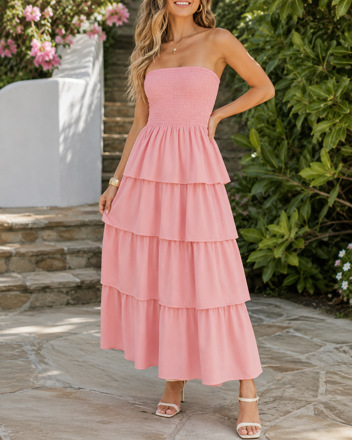 Samantha™ | Tummy-Flattering Strapless Maxi Dress with Ruffles