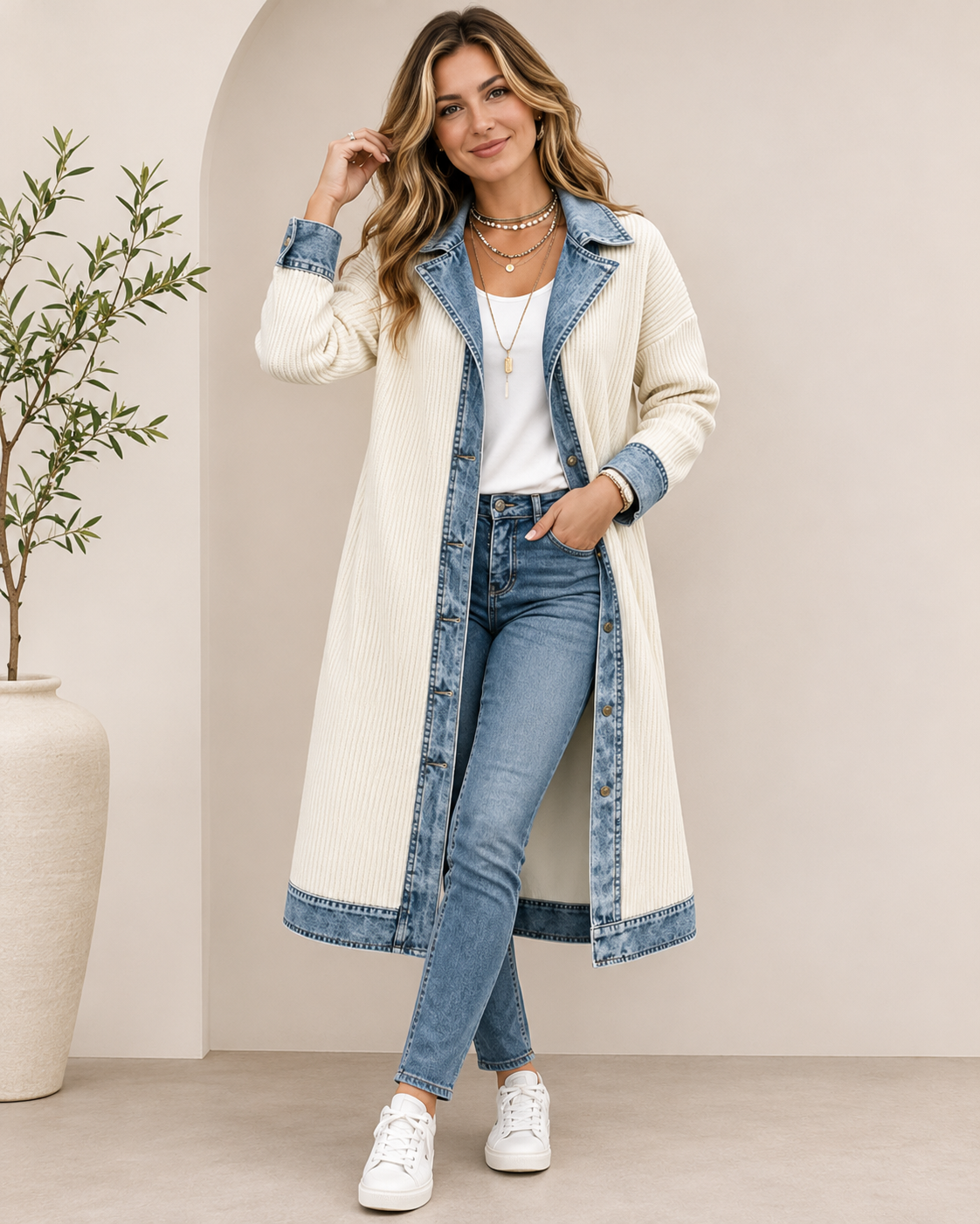 Patricia™ | Long Knit Cardigan with Denim Details