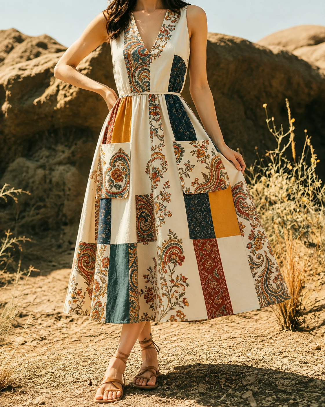 Paisley™ | Vintage Patchwork Tummy-Flattering Midi Dress