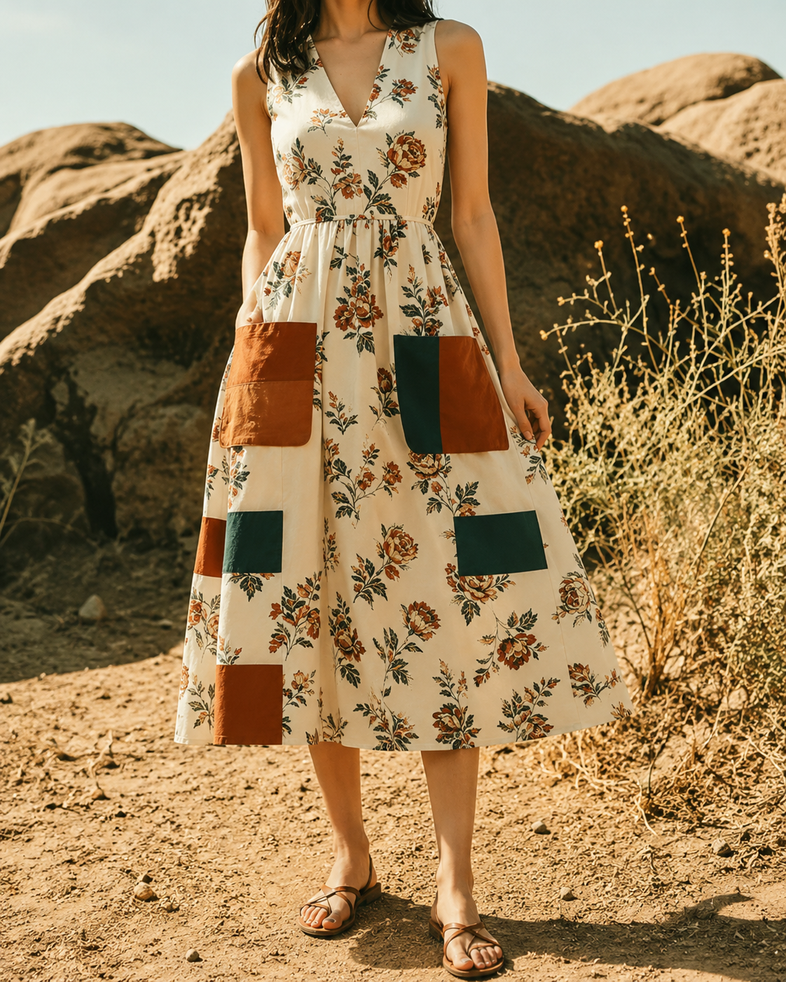 Paisley™ | Vintage Patchwork Tummy-Flattering Midi Dress