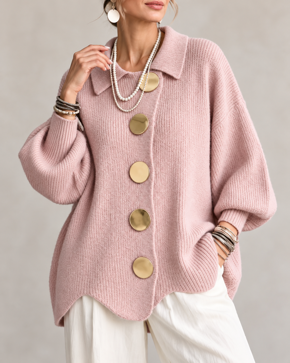 Brenda™ | Oversized Knit Cardigan with Collar and Statement Buttons