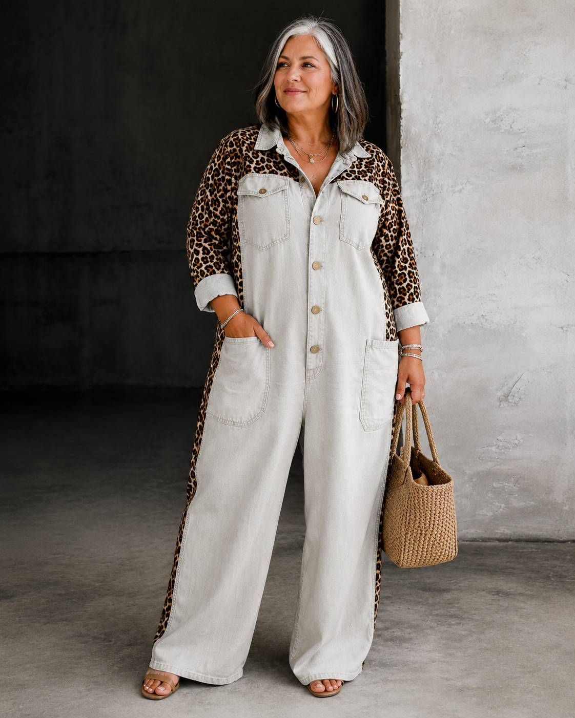 Aven™ | Denim-Look Jumpsuit With Leopard Print