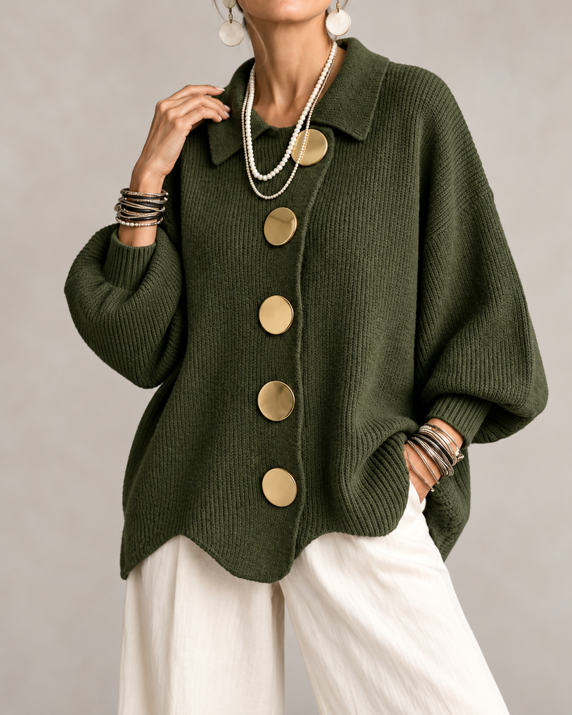 Brenda™ | Oversized Knit Cardigan with Collar and Statement Buttons