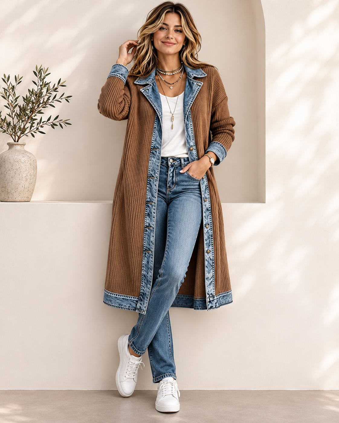 Patricia™ | Long Knit Cardigan with Denim Details