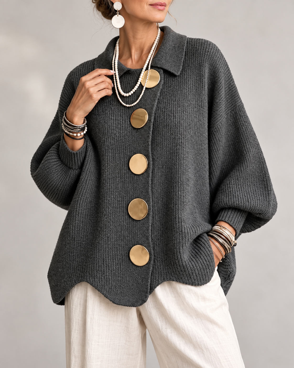 Brenda™ | Oversized Knit Cardigan with Collar and Statement Buttons