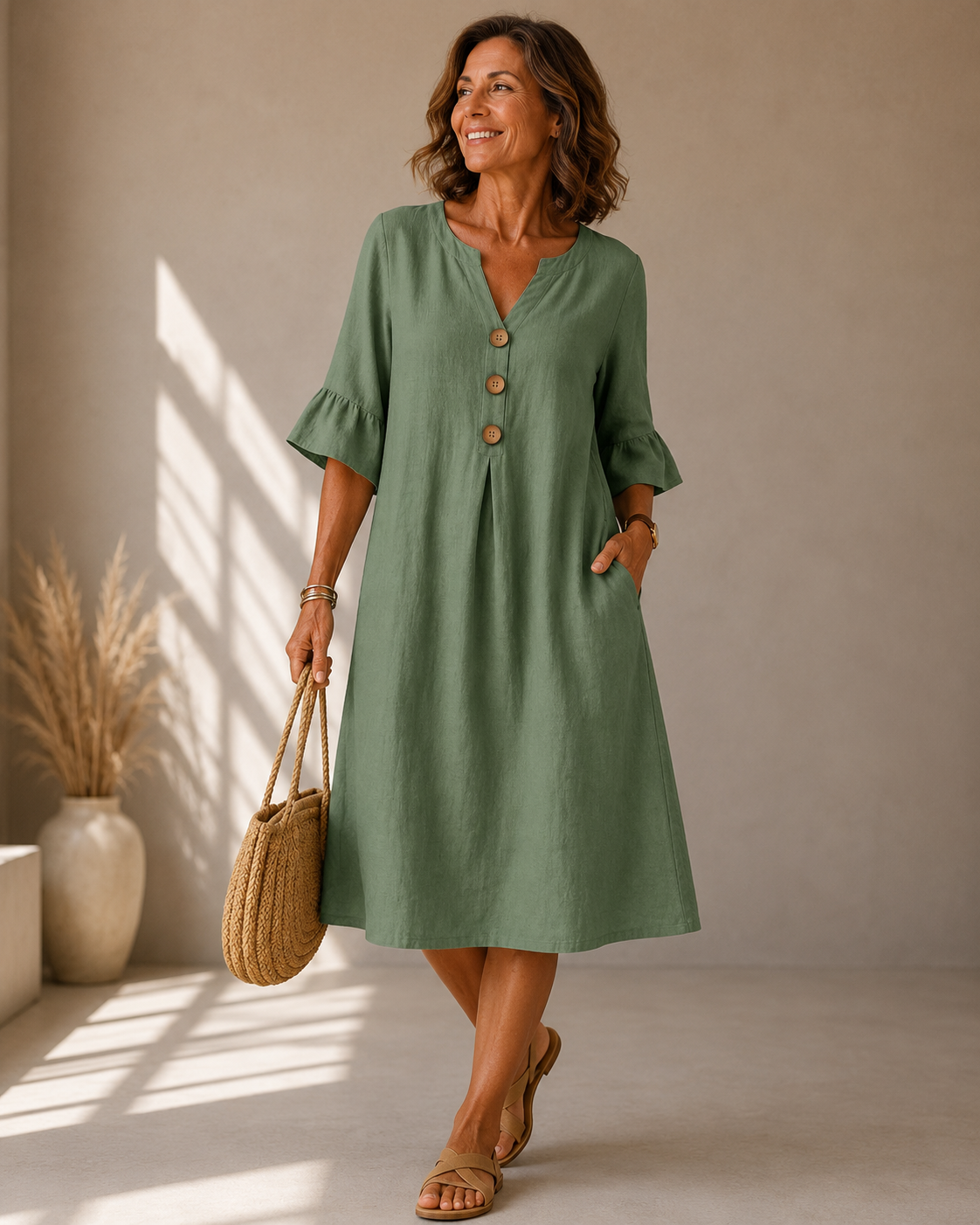 Leah™ | Tummy-Flattering Midi Dress with Buttons