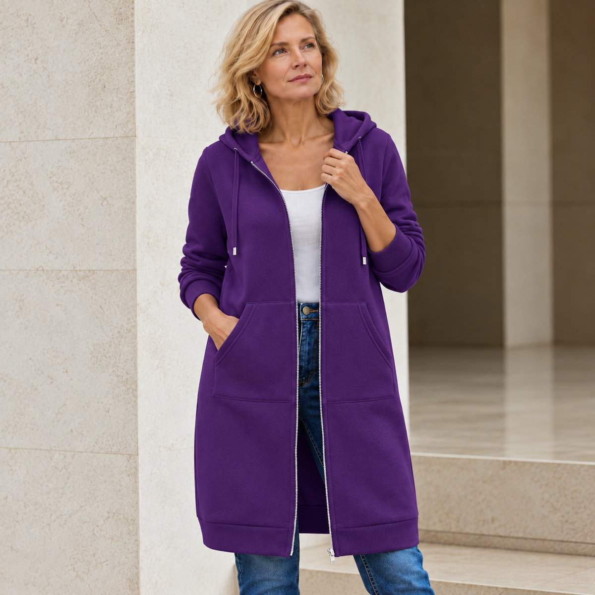 Donna™ | Long Fleece Jacket with Hood and Zip