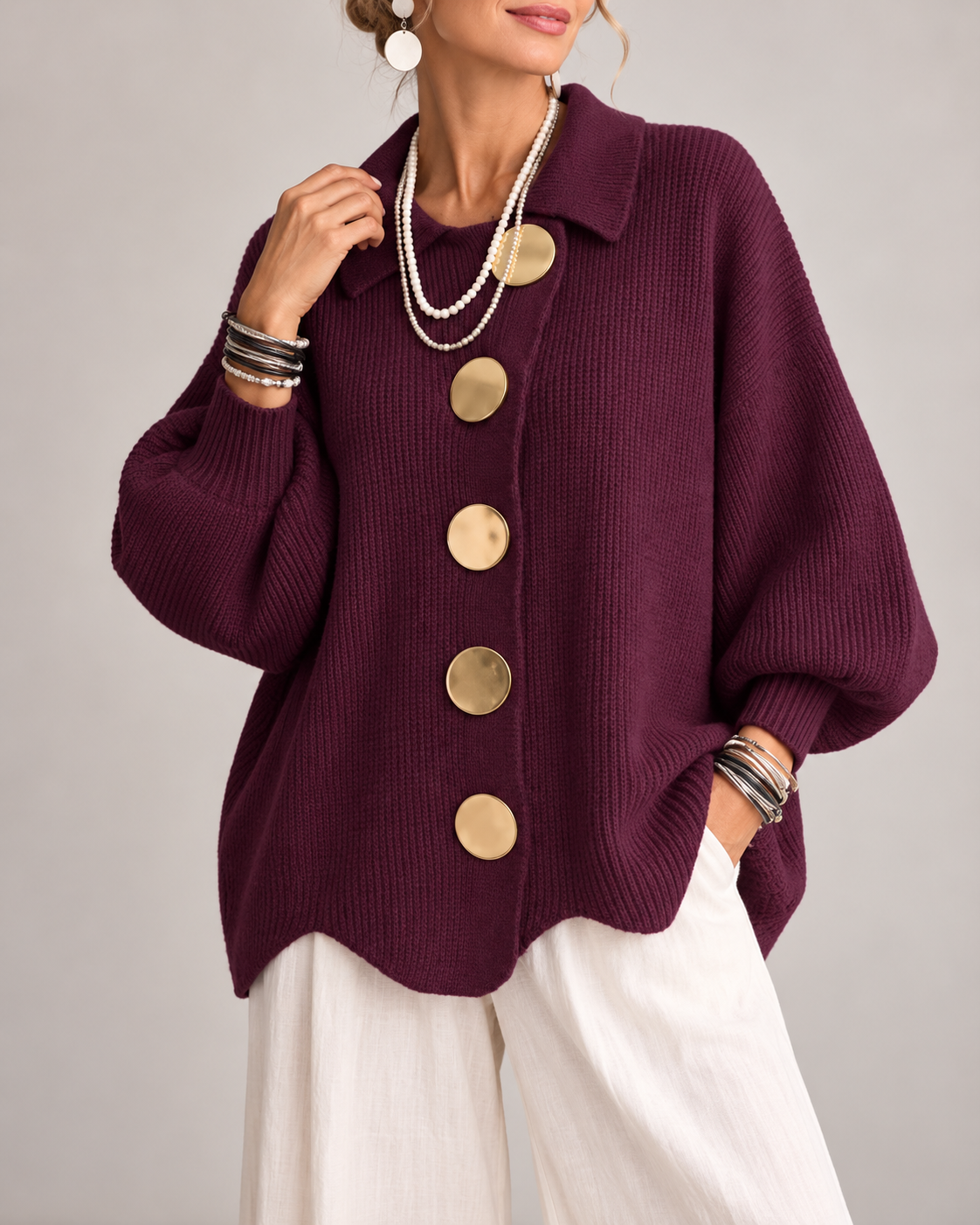 Brenda™ | Oversized Knit Cardigan with Collar and Statement Buttons