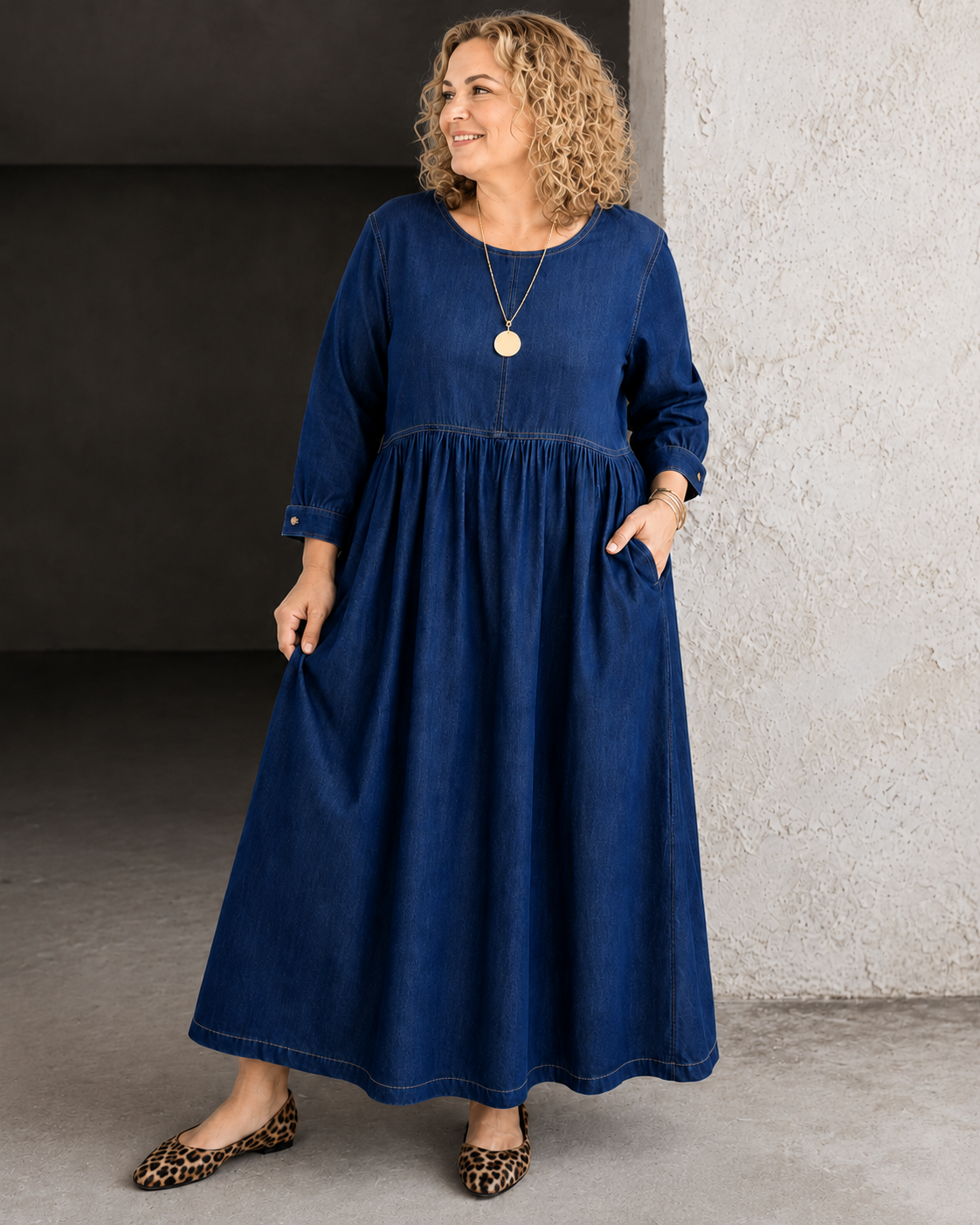 Aria™ | Belly-Flattering Denim-Look Maxi Dress