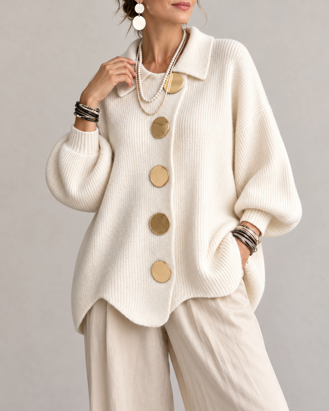 Brenda™ | Oversized Knit Cardigan with Collar and Statement Buttons