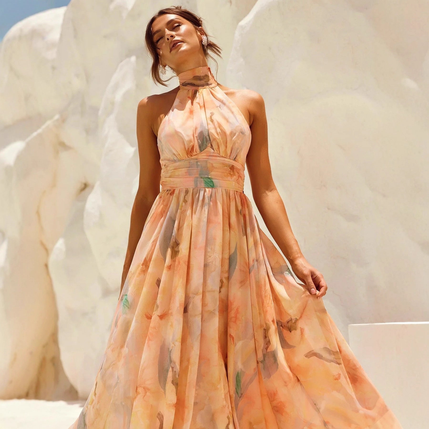 Esther | Halter Neck Watercolor Print Dress