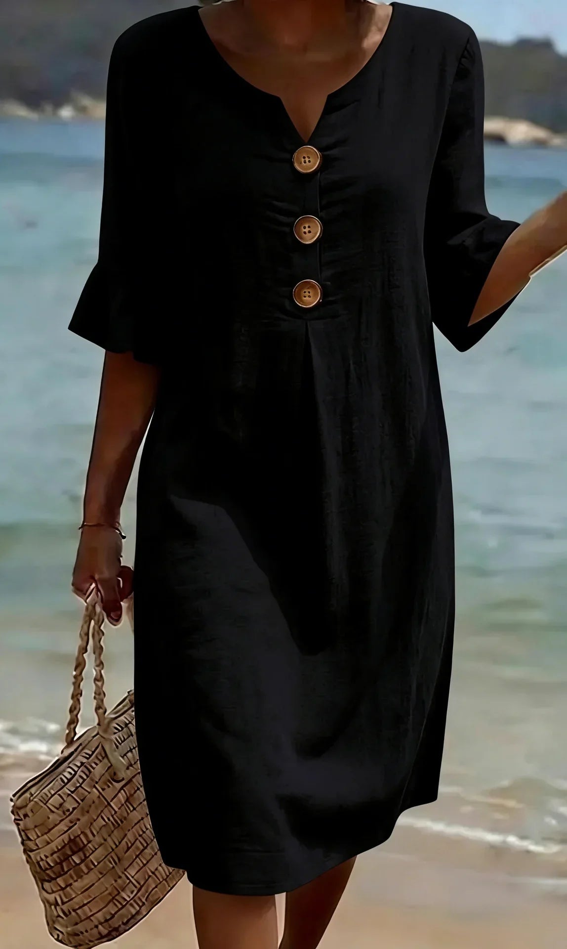 Vanesa™ | Linen Texture Dress with Puff Sleeves and Buttons